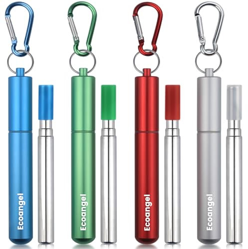Tragbarer, wiederverwendbarer Metall-Strohhalm, zum Trinken von Wasser-Smoothie, mit Aluminium-Schlüsselanhänger-Etui und Reinigungsbürste (Silber & Blau & Rot & Grün)