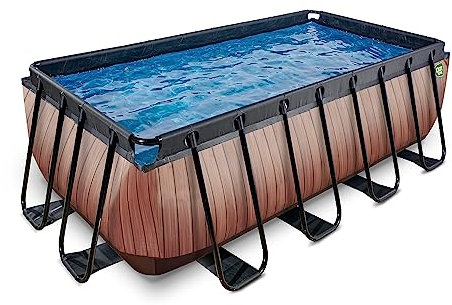 EXIT Toys Wood Pool - 400x200x122cm - Piscina de Marco Rectangular Grande con Bomba de Filtro de Arena - Piscina Extra Profunda - Marco Robusto - Incluye Escalera de Piscina - Diseño Único - Marrón