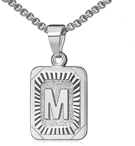 OIDEA Halskette mit Buchstabe M Silber: Unisex Charme Kette für Herren/Damen A-Z Buchstabe Anhänger Rechteck Dog Tag Kette aus Edelstahl Weizenkette Schmuck Geschenk für Männer Frauen
