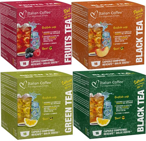 64 Capsulas de Te Helado Dolce Gusto - Degustación 4 Sabores - Te Verde - Frutas del Bosque - Limon - Melocoton