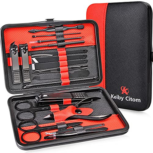 Kit Manucre Pedicure - Coupe Ongle Professionnel Coupe Cuticule Acier Inoxydable - Trousse Manucure Pedicure Set de 18pcs avec Exquis La Boîte by Keiby Citom (Schwarz Rot)