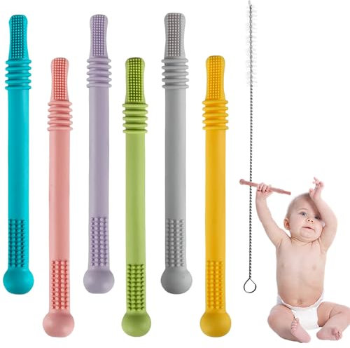 WUJUN 6Pack Hollow Teether Tubes, Silicone Baby Teether Toys, Chew Straws Toy for 3-12 Months Babies Molars, BPA Free/Freezable,with a Cleaning Brush,Dishwasher Safe (Hollow Set of 6)