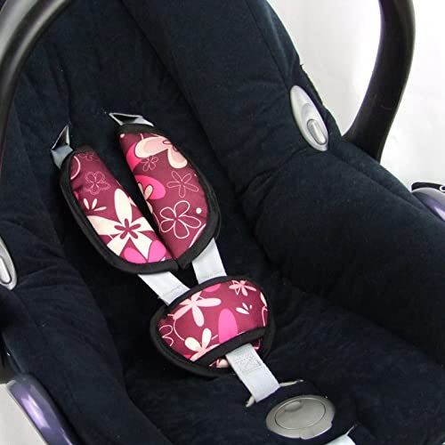 BAMBINIWELT Gurtpolster Set universal für Babyschale Autositz kompatibel z.B. mit Maxi Cosi Cybex Design (bordeaux pinke Blumen)