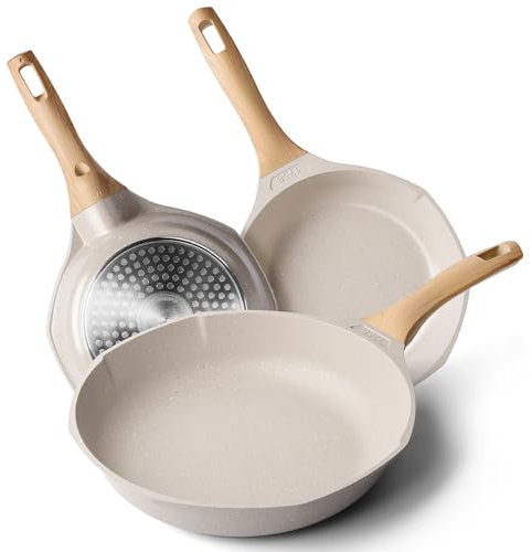 Nonstick Frying Pan Set - Granite Induction Pans for Cooking Omelette Non-Stick Cookware Set, Healthy Kitchen Skillet Non Sticking Stone Pot and Pan Set (8, 9.5 & 11) Beige