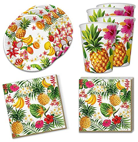 Set de décoration de table 36 pièces avec thème tropical et fruits exotiques de la jungle pour enfants et adultes en été – 8 assiettes, 8 gobelets, 20 serviettes 33 x 33 cm