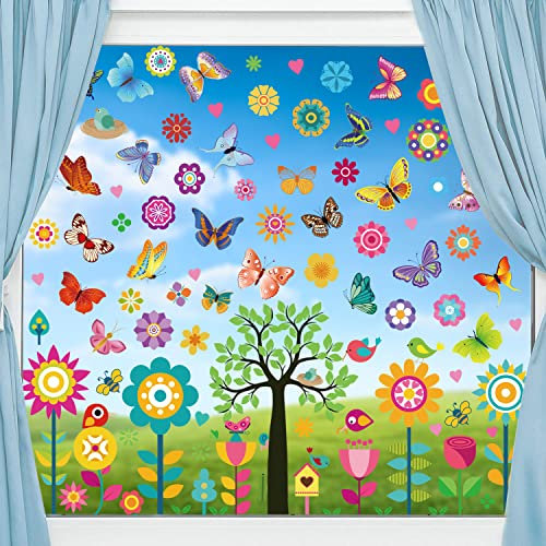 Fensterbilder Frühling Selbstklebend Fensteraufkleber Sommer DIY Pflanze Wandtattoo Vögel Baum Aquarell Blumen Fensterbild Aufkleber für Wohnzimmer Schlafzimmer Wanddeko (A)