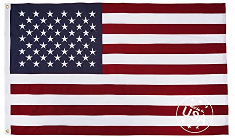 TOPFLAGS Bandera estadounidense de algodón con estrellas bordadas de 5 x 9.5 pies, fabricada en Estados Unidos, con rayas cosidas, resistente para vientos fuertes al aire libre con ojales de latón