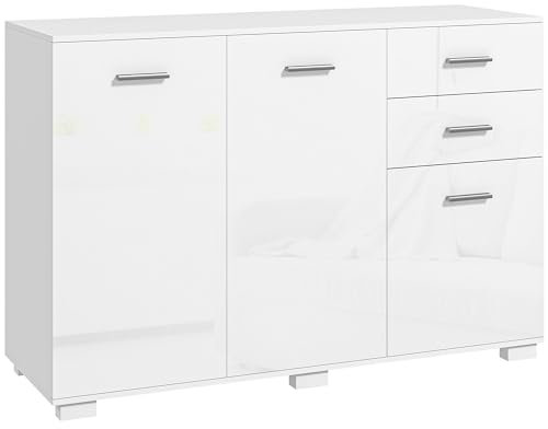 HOMCOM Sideboard, Modern Storage Cabinet with 2 Drawers, 3 Doors and Adjustable Shelves, Kitchen Cabinet for Living Room, Dining Room, High Gloss White