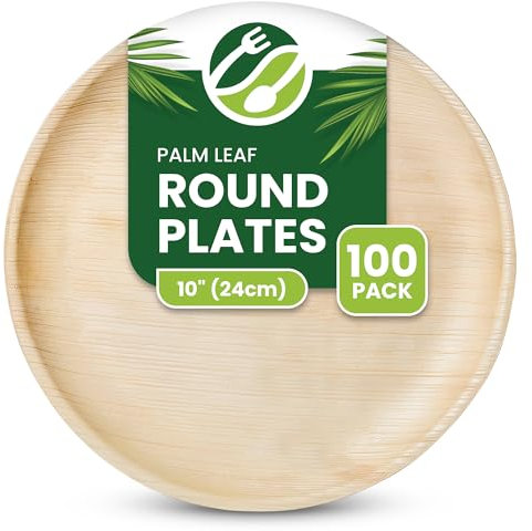 ECO Leaf 100 Disposable 10”(24cm) Palm Leaf Plates – Compostable, Biodegradable, Eco-Friendly, Microwave & Oven Safe, Strong for Hot Food, Large Round Premium Tableware