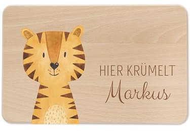 wunderwunsch - Individuelles Holzbrett mit Hochwertigem UV-Druck für Kinder - Personalisiertes Frühstücksbrettchen - Niedliche Motiv-Brettchen mit Namen (Tiger links unten)