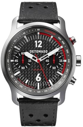 DeTomaso SORPASSO Chronograph Carbon Silver Silber Herren Armbanduhr Analog Quarz Leder Armband Schwarz