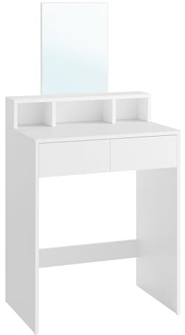 VASAGLE Schminktisch mit großem Spiegel, Frisiertisch, 2 Schubladen, 3 offene Fächer, Kosmetiktisch, modern, weiß RDT103W01