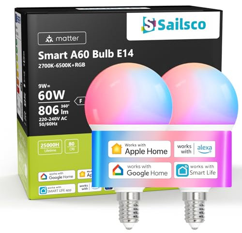 sailsco Matter Alexa Bombilla Inteligente E14,Lámpara WiFi LED Compatible Smart Life,Bombilla regulable Blanco Cálido-Blanco Frío y Multicolor,Control mediante APP,No necesita Hub,9W 806LM,2 Piezas