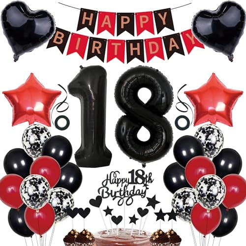 18. Geburtstag Deko für Mädchen - Schwarz Rot Girlande, Luftballons & Konfetti für 18.ten Geburtstag Party Dekoration