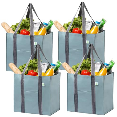 VENO 4 Pack Reusable Grocery Bags, Heavy-Duty Shopping Bags with Handles, Bags for Shopping Cart with Hard Bottom to Stand Upright, Foldable, Multi-Purpose(Light Blue, 4 Pack)