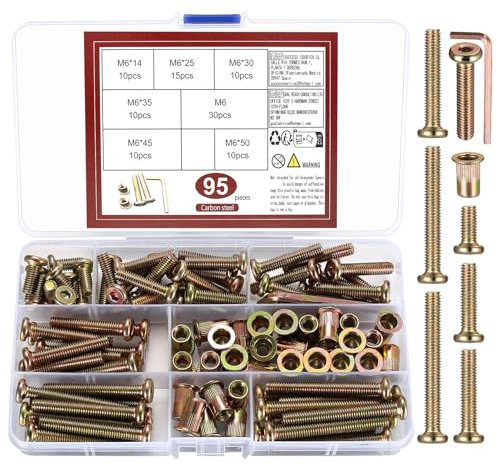 QJKEJI Set di Viti e Dadi per Mobili, M6 95 Pezzi Viti a Esagono Incassato e Kit Assortimento Dadi Ciechi per Lettini per Bambini, Testiere, Letti, Sedie, Viti per Mobili