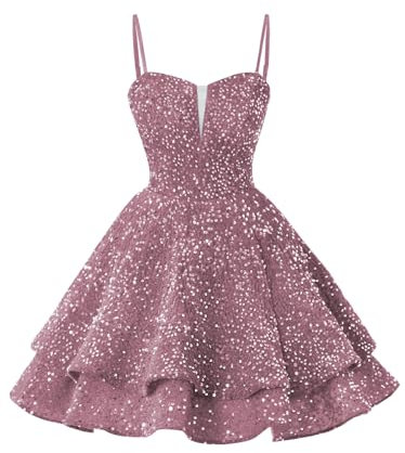 Robe de bal à paillettes pour adolescentes, col en V, robe de bal, robe de cocktail courte à volants, Dusty Rose., 32