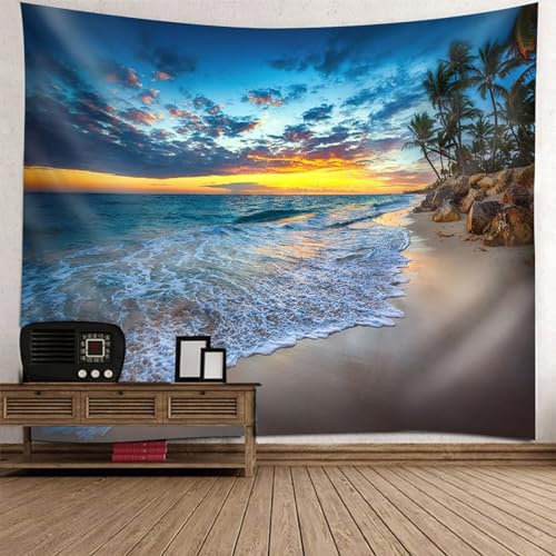 Epinki Wandteppiche Kokosnussbaum Strand, Natur Landschaft Wandteppich Tapisserie Wandbehang Grau Blau Gelb aus Polyester, Wandbehänge für die Wand in Wohnzimmerdekoration, 300x256cm
