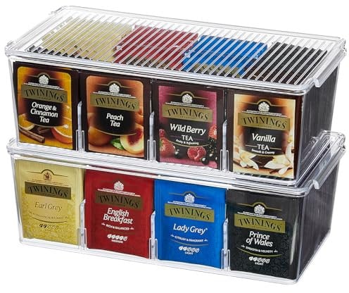 Lifewit Tea Bag Organiser, Teabag Storage Box, Coffee Bag Holder for Kitchen Cabinets, Countertops, Pantry, Coffee Pods, Sugar Packets, Condiments, 2 Pack Plastic Stackable Divided Container