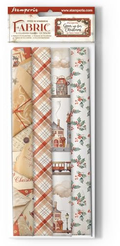 Stamperia - Fabric for Scrapbooks, Albums, Bullet Journals and More, Polyester, Can be Sewn by Hand or Machine, Suitable for Craft Glue, Perfect for Crafts and Gifting (Gear up for Christmas) (4 Pack)