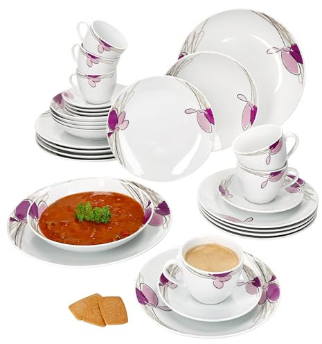 MamboCat Viola 30tlg Kombiservice I Porzellan-Geschirrset mit Blumen-Dekor für 6 Personen I Je 6X Tassen 170ml, Untertassen, Kuchenteller, Suppenteller & Speiseteller