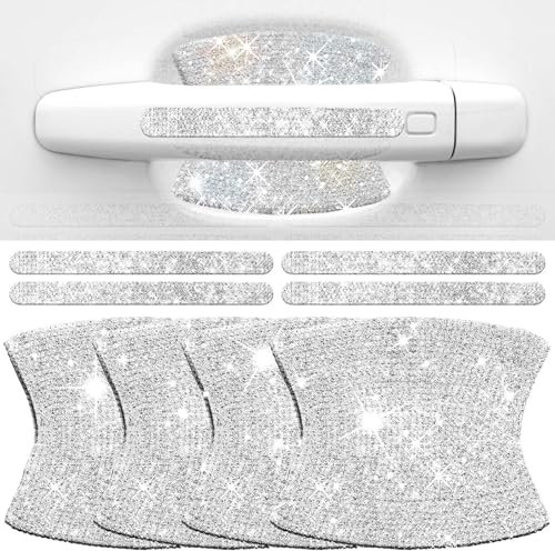 PEOVLVN 8 Pcs Door Handle Protectors, Rhinestone Scratch Protectors - Bling Car Accessories, Glitter Stickers for Women - Silver