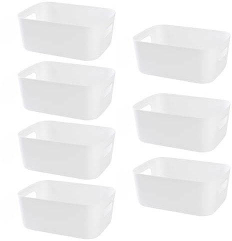 HapiLeap Plastic Organisation Boxes, Multiple Colour Storage Baskets for Kitchen, Cupboard, Office, Bathroom, Toy, Home Tidy Open Storage Bins with Handles (White (7 Pack))