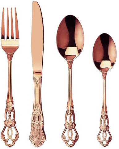 SHEUMNT Set Posate 24 Pezzi Stile Retro Oro Rosa - Elegante Servizio per 6 Persone, Posate in Acciaio Inox con Finitura Antica Barocca, Set Completo con Forchette, Cucchiai e Coltelli