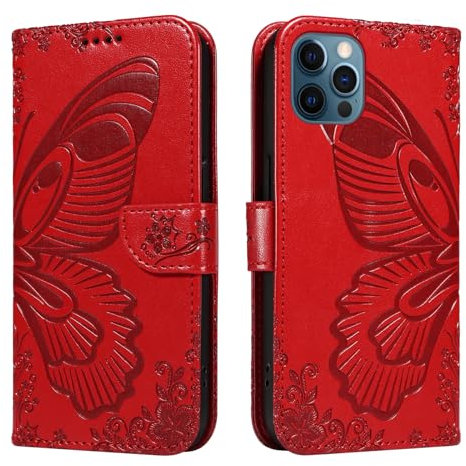 NEXCURIO Wallet Case for Apple iPhone 12 / iPhone 12 Pro Phone Case Butterfly with Card Holder Purse Stand Leather Folio Book Flip Case Folding Cover Shockproof Women - Red