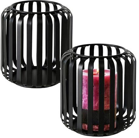 Metall Gitter Windlicht schwarz 12 x 10 cm - 2er Set - Eleganter Kerzenhalter rund - Tisch Deko Laterne Kerzenständer Zimmerlaterne Kerzenleuchter Halter für Stumpenkerze Teelicht