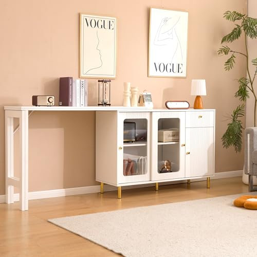 YuQozii Moderno aparador de buffet blanco con mesa plegable y extensible, superficie giratoria, patas de metal doradas, puertas correderas de cristal y patrón ondulado, perfecto para comedor y cocina
