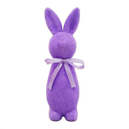 CTDWNT Osterhasen-Figur mit Fliege, 24,9 cm, beflockter Hase, Tischdekoration, Osterdekoration, pastellfarbener beflockter Hase, Frühlingstischdekoration, Innendekoration (lila)