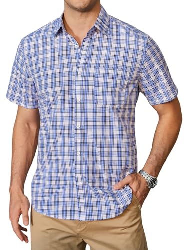 HISDERN Chemise Carreaux Homme Manches Courtes Boutonnées Décontractées Bleu Blanc Chemise été Travail Homme avec Poches Coupe Régulière XL
