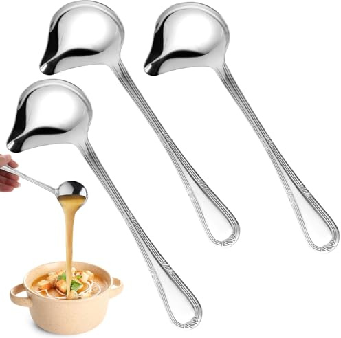 3 Stück Soßenkelle Klein, 20,6cm Soßenlöffel mit Schrägem Ausgießer, Poliert Rutschfester Suppenkelle, Soßenlöffel Edelstahl für Dressings Suppensoßen Bratensoßen, Suppenkelle Spülmaschinengeeignet