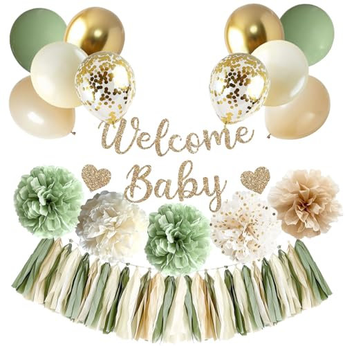 Shyhfdc Sage Green Baby Shower Decorations, Gender Neutral Baby Shower Decorations with Welcome Baby Banner Balloons Pom Poms Tassel Garland Neutral Gender Reveal Birthday Party Supplies