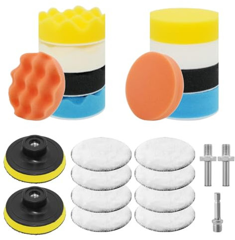 Venprodium 23 Pièces Éponge de Polissage Kit, 8cm Polissage Pad, Kit Polish Voiture Avec Adaptateur de Perceuse, Accessoires Polisseuse Voiture, Pour Le Lustrage Le Meulage et Le Cirage