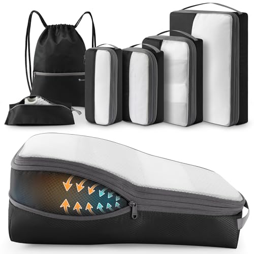 kookoomia 6 Teilig Kompression Koffer Organizer Packing Cubes Compression Packwürfel Set Kleidertaschen Packtaschen Kofferorganizer Reiseorganizer für Koffer Rucksack (Schwarz)