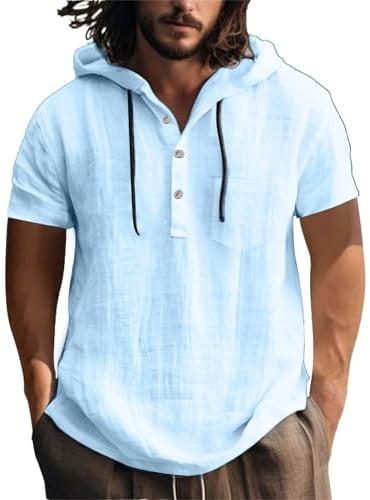 Weihnachten Tischset New Europe and The States Cotton and Linen Shirt Hooded Sweater Short Sleeved Hooded Spring and Summer Casual Men's Beach T Shirt T Shirts Tops (Blue, L)