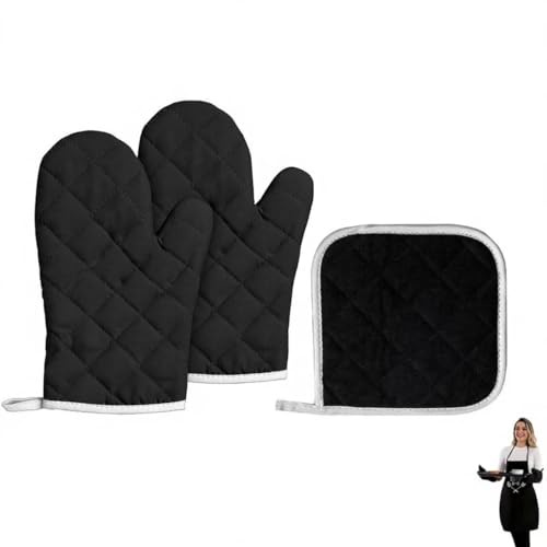 ZWWOGE 2 Stück Ofenhandschuhe mit Topflappen Schwarz Kariert, Hitzebeständig Topfhandschuhe Baumwolle Rutschfest, Backhandschuhe für Kochen Backen Grillen Auflaufform Küche
