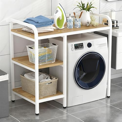 Universales Waschmaschinen Regal Front/Toplader, Verstellbare Seitenkörbe, Stabiles Stahl Gestell mit Kratzschutz Füßen(Roller Model - White b)