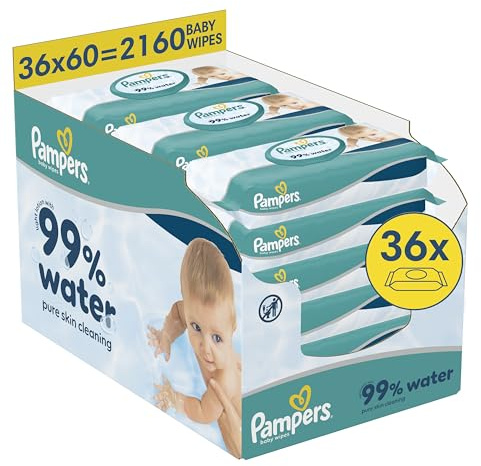 Pampers 99 Prozent Water Baby-Feuchttücher, 36 Packungen mit 60 Feuchttüchern 2160 Baby-Feuchttücher, leichte Lotion mit 99 Prozent Wasser