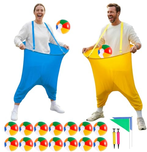 BAODBF Lustiges Wurfspiel Set mit 16 Bällen und 2 XXL Fanghosen Karneval Spiel für Kinder und Erwachsene Outdoor Partyspiel für Garten Geburtstag und Teambuilding Gelb Blau