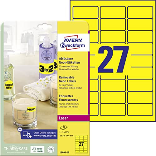 AVERY Zweckform L6004-25 leuchtend neongelbe Etiketten (675 Aufkleber, 63,5x29,6mm auf A4, selbstklebend, bedruckbar, wiederablösbar, farbige Klebeetiketten zum auffälligen Kennzeichnen) 25 Blatt