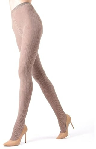 MeMoi Portland Side Cable Knit Cotton Tights for Women, Cozy and Warm Sweater Tights - Sizes Small to X-Large, Light Taupe Heather, M-L