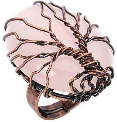 Jovivi Anello Regolabile in Rame a Forma di Albero della Vita con Ovale Naturale Cristallo Pietra Preziosa Donna- Quarzo Rosa