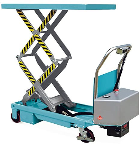 Ameise Scheren-Hubtischwagen LTT mit Doppel-Schere | 350 kg Tragkraft | 370-1.300 mm Hubbereich | elektrisch | fahrbarer Hubtisch mit Feststellbremse | 910 x 500 mm Plattform