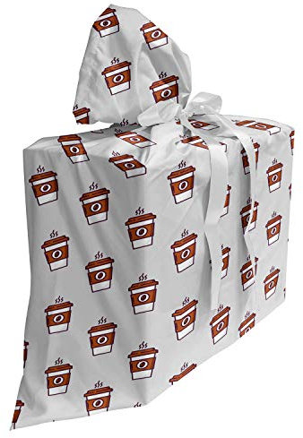 ABAKUHAUS espresso gris Bolsa de Regalo para Baby Shower, Modelo de las tazas de café, Tela Estampada con 3 Moños Reutilizable, 70 cm x 80 cm, La canela pálido gris