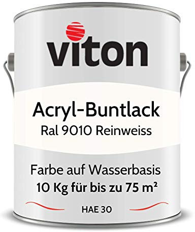 Viton Buntlack 10 Kg Weiss - Seidenmatt - Wetterfest für Außen und Innen - 3in1 Grundierung & Lack - HAE 30 - Nachhaltige Farbe auf Wasserbasis für Holz, Metall & Stein - RAL 9010 Reinweiss