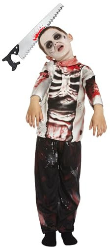 Lizzy Kids Zombie Boy Costume with Saw Headband | Scary Halloween Fancy Dress Outfit for Boys | Long Sleeve Skeleton Zombie Costume for Children Trick-or-Treat (Medium / 7-9 Years)
