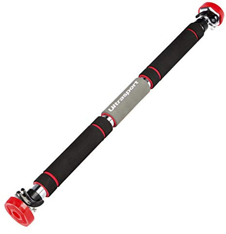 Ultrasport Barre de traction Force 300 Pro, système de fixation rond, maintien optimal et sûr, antidérapant et chargeable jusqu'à 150 kg, réglable de 65 à 103 cm, Couleur: Noir / Rouge